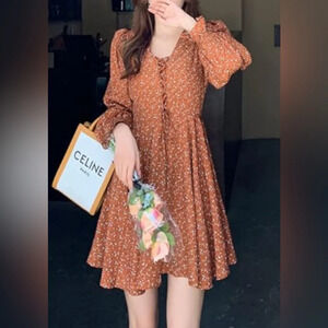 NWT floral brown orange front tie up detail long sleeve midi dress Cotta…